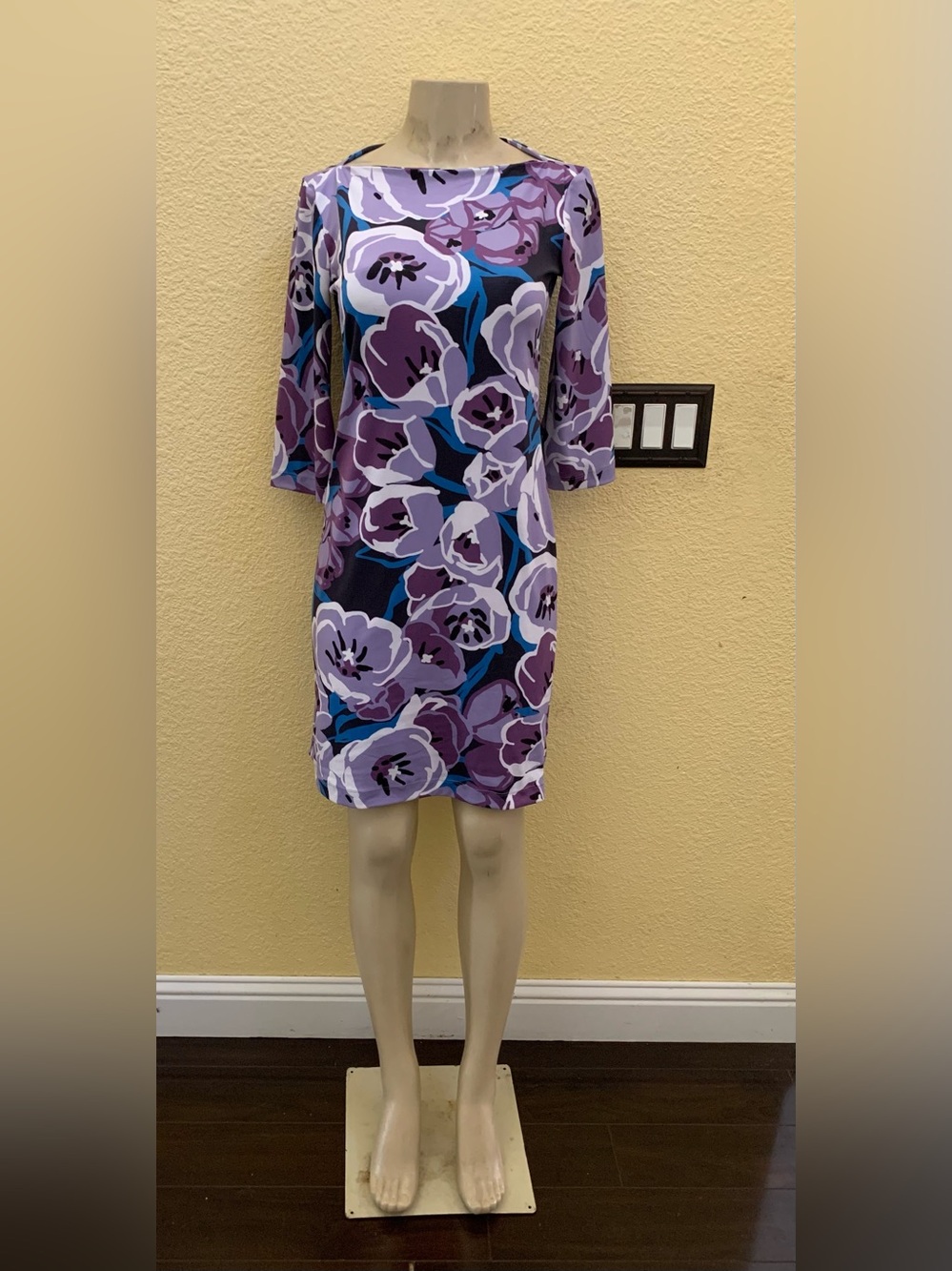 Lesley Evers Size XS Multicolored Floral Print 3/4 Sleeve Knee Length Dress